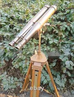 Vintage Brass Binoculars on Elegant Nautical Floor Tripod Stand Antique Maritime