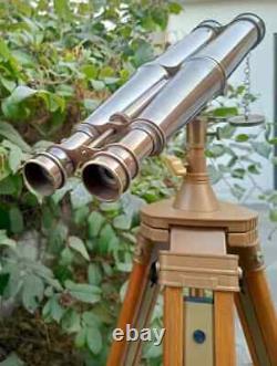 Vintage Brass Binoculars on Elegant Nautical Floor Tripod Stand Antique Maritime