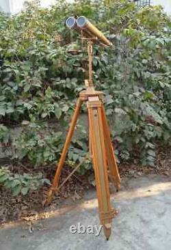 Vintage Brass Binoculars on Elegant Nautical Floor Tripod Stand Antique Maritime