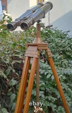 Vintage Brass Binoculars on Elegant Nautical Floor Tripod Stand Antique Maritime