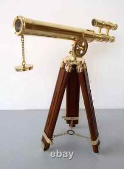 Vintage Brass Double Barrel Floor Standing Telescope18 With Wooden Tripod Stand