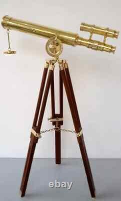 Vintage Brass Double Barrel Floor Standing Telescope18 With Wooden Tripod Stand