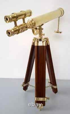 Vintage Brass Double Barrel Floor Standing Telescope18 With Wooden Tripod Stand