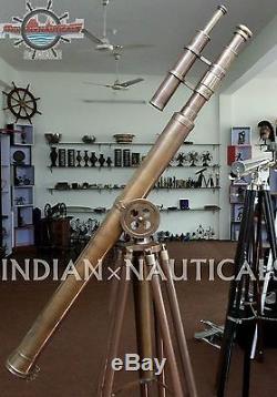 Vintage Brass Double Barrel Griffith Astro Telescope With Tripod Stand