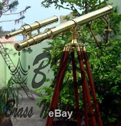 Vintage Brass Double Barrel Telescope Nautical Maritime Tripod Antique Spyglass