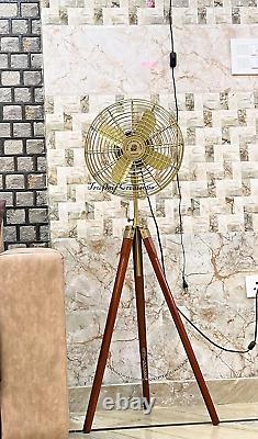 Vintage Brass Electric Fan with Wooden Tripod Antique Style Ideal Gift Collector