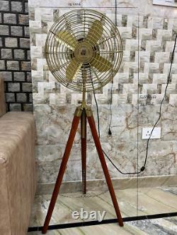 Vintage Brass Electric Fan with Wooden Tripod Antique Style Ideal Gift Collector