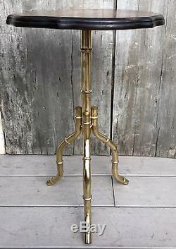 Vintage Brass Faux Bois Bamboo Pedestal Tripod Base Side Table with Wood Top 60s