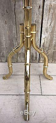 Vintage Brass Faux Bois Bamboo Pedestal Tripod Base Side Table with Wood Top 60s