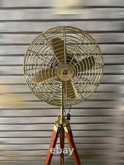 Vintage Brass Floor Fan on Wooden Tripod Stand Modern Twist Pedestal Fan