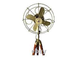 Vintage Brass Floor Fan on Wooden Tripod Stand Modern Twist Pedestal Fan