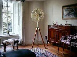 Vintage Brass Floor Fan on Wooden Tripod Stand Modern Twist Pedestal Fan