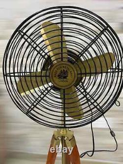 Vintage Brass Floor Fan on Wooden Tripod Stand Modern Twist Pedestal Fan