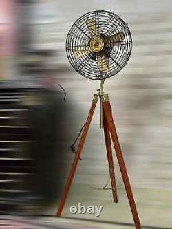 Vintage Brass Floor Fan on Wooden Tripod Stand Modern Twist Pedestal Fan