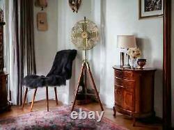 Vintage Brass Floor Fan on Wooden Tripod Stand Modern Twist Pedestal Fan