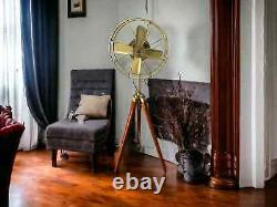 Vintage Brass Floor Fan on Wooden Tripod Stand Modern Twist Pedestal Fan