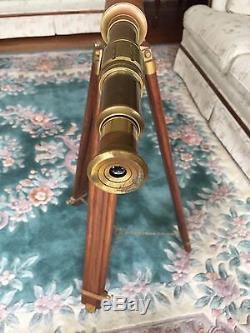 Vintage Brass Library Telescope with Brass and Wood Tripod Base Maker