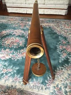 Vintage Brass Library Telescope with Brass and Wood Tripod Base Maker