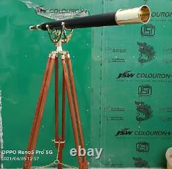Vintage Brass Nautical 27 Inch Telescope With Wooden Tripod Floor Stand 50 Inch