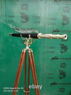 Vintage Brass Nautical 27 Inch Telescope With Wooden Tripod Floor Stand 50 Inch