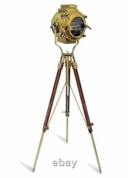 Vintage Brass Nautical Search Floor Lamp Spotlight Wooden Tripod stand gift