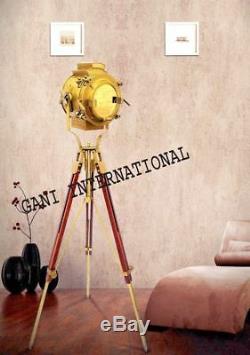Vintage Brass Nautical Search Floor Lamp Spotlight with Wooden Tripod stand gift