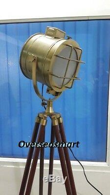 Vintage Brass Nautical Searchlight Floor Lamp Spotlight Wooden Tripod Best Item