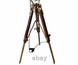 Vintage Brass Nautical Searchlight Floor Lamp Spotlight Wooden Tripod Light