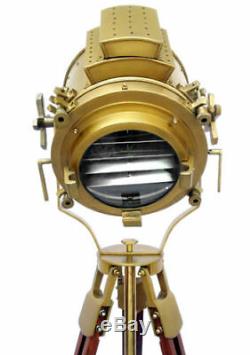 Vintage-Brass-Nautical-Searchlight-Floor-Lamp-Spotlight-Wooden-Tripod-Light