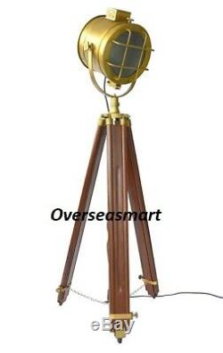 Vintage Brass Nautical Searchlight Floor Lamp Spotlight Wooden Tripod Light Item