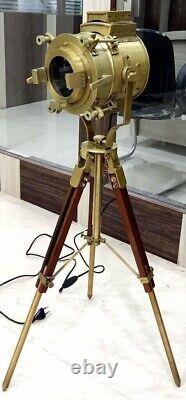 Vintage Brass Nautical Searchlight Floor Lamp Spotlight Wooden Tripod Stand