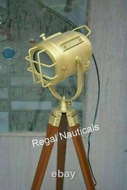 Vintage Brass Nautical Searchlight Floor Lamp Spotlight Wooden Tripod replica
