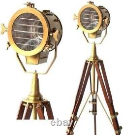 Vintage Brass Nautical Searchlight Floor Spotlight Lamp Wooden Tripod Light