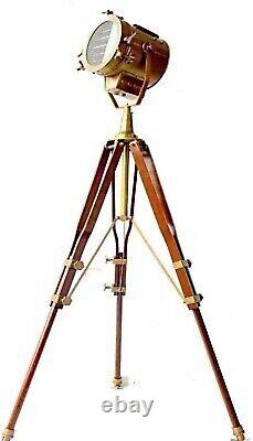 Vintage Brass Nautical Searchlight Floor Spotlight Lamp Wooden Tripod Light