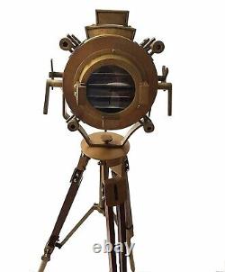 Vintage Brass Nautical Searchlight Spot Light Wooden Tripod Stand