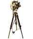 Vintage Brass Nautical Searchlight Spotlight Floor Lamp Wooden Tripod Stand