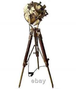 Vintage Brass Nautical Searchlight Spotlight Floor Lamp Wooden Tripod Stand