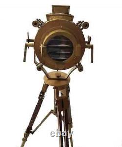 Vintage Brass Nautical Searchlight Spotlight Floor Lamp Wooden Tripod Stand