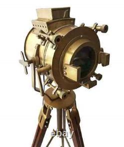 Vintage Brass Nautical Searchlight Spotlight Floor Lamp Wooden Tripod Stand