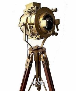 Vintage Brass Nautical Searchlight Spotlight Floor Lamp Wooden Tripod Stand