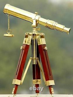 Vintage Brass Nautical Telescope 10 Inch With Wooden Tripod Stand Handmade Gift