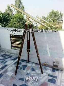 Vintage Brass Nautical Telescope on Wooden Tripod Adjustable Marine Decor Gift