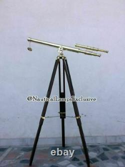 Vintage Brass Nautical Telescope on Wooden Tripod Adjustable Marine Decor Gift