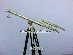 Vintage Brass Nautical Telescope on Wooden Tripod Adjustable Marine Decor Gift
