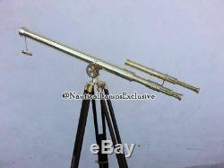 Vintage Brass Nautical Telescope on Wooden Tripod Adjustable Stand Marine Decor