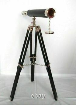 Vintage Brass Nautical Telescope on Wooden Tripod Marine Navy Reproduction