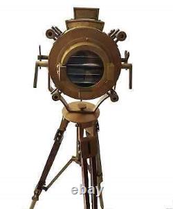 Vintage Brass Searchlight Floor Lamp Spotlight Wooden Tripod Stand