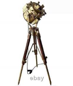 Vintage Brass Searchlight Floor Lamp Spotlight Wooden Tripod Stand