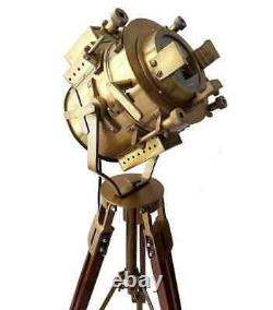 Vintage Brass Searchlight Floor Lamp Spotlight Wooden Tripod Stand