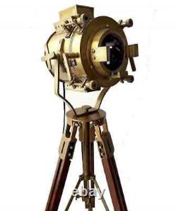 Vintage Brass Searchlight Floor Lamp Spotlight Wooden Tripod Stand